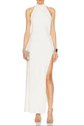 Flowering Girl Women Sharon Halter Backless High Slit Diamond Maxi Dress In White