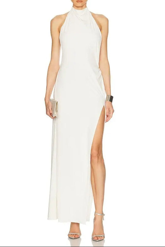 Flowering Girl Women Sharon Halter Backless High Slit Diamond Maxi Dress In White