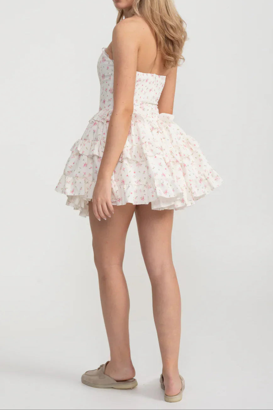Flowering Girl Women Martha Ruffle Printed Strapless Mini Dress In Pink