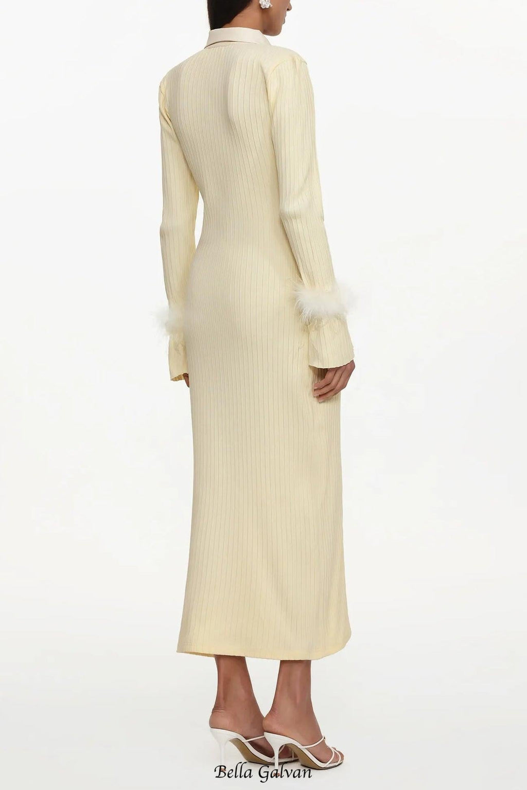 irma yellow Long Sleeve Feather Knit Maxi Dress