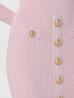 Flowering Girl Women v-Neck Metal Button Knitted Mini Dress In Pink