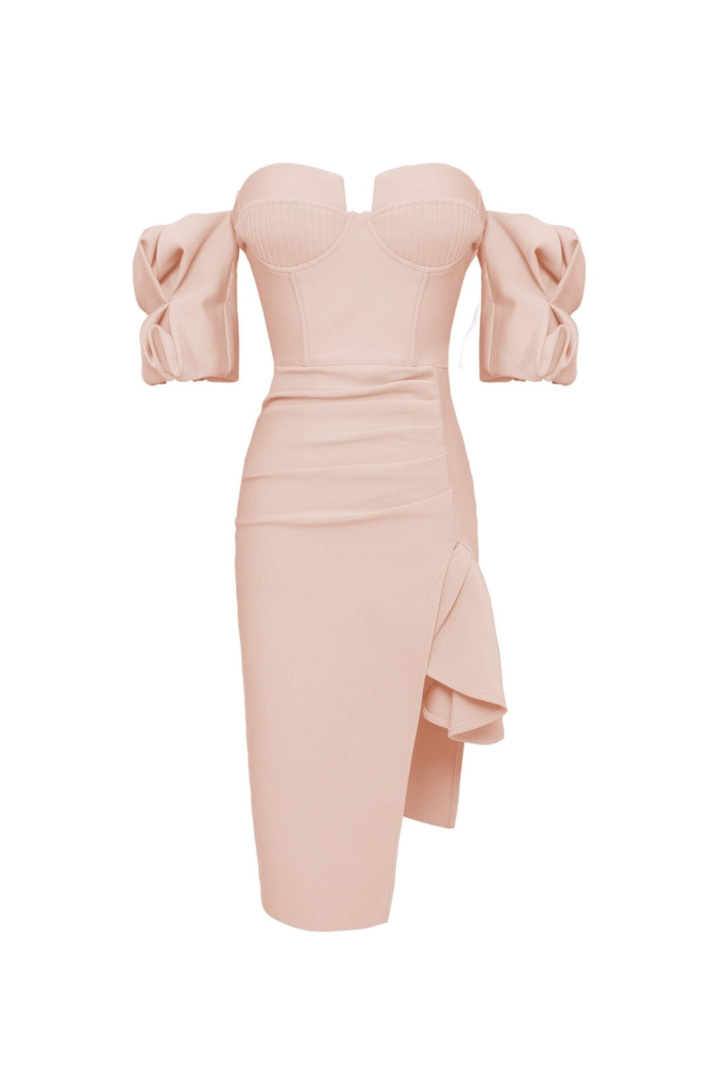 Flowering Girl Women Strapless Draped Sleeve Slits Bandage Dress In Beige