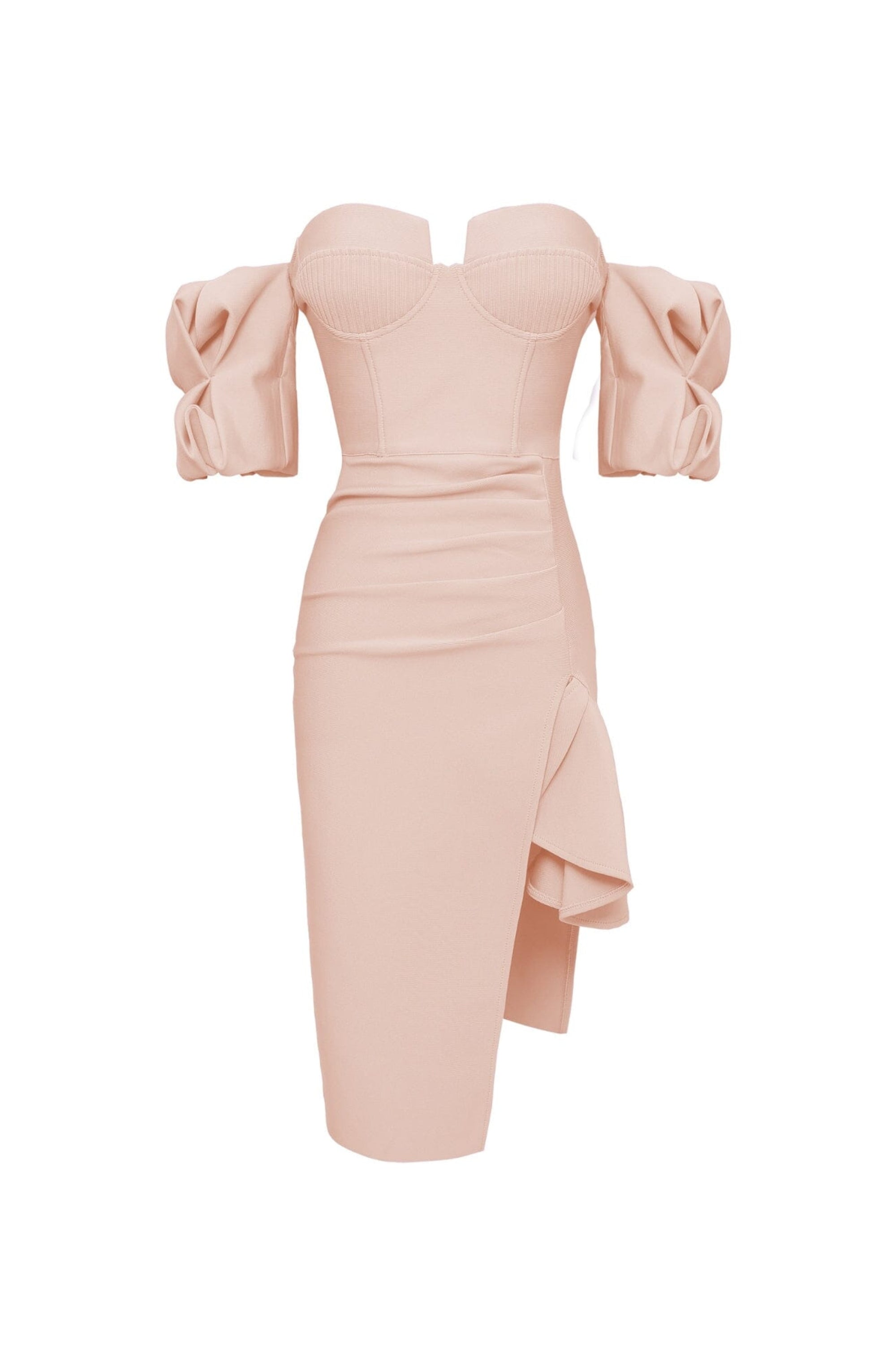 Flowering Girl Women Strapless Draped Sleeve Slits Bandage Dress In Beige