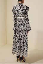 alma Chiffon Embroidered Single Breasted Midi Dress With Belt - black