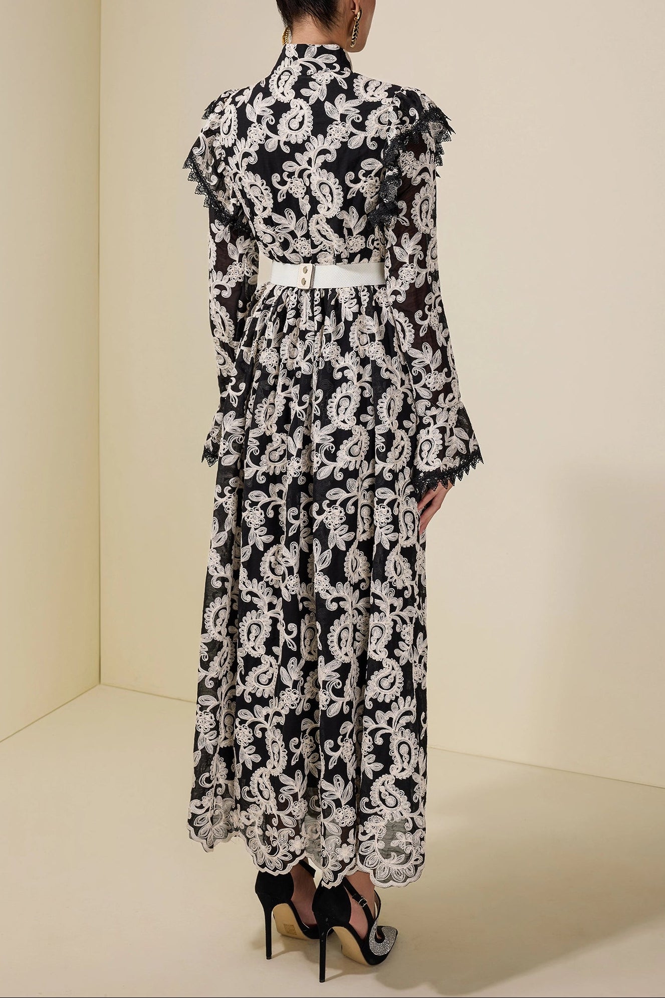 alma Chiffon Embroidered Single Breasted Midi Dress With Belt - black