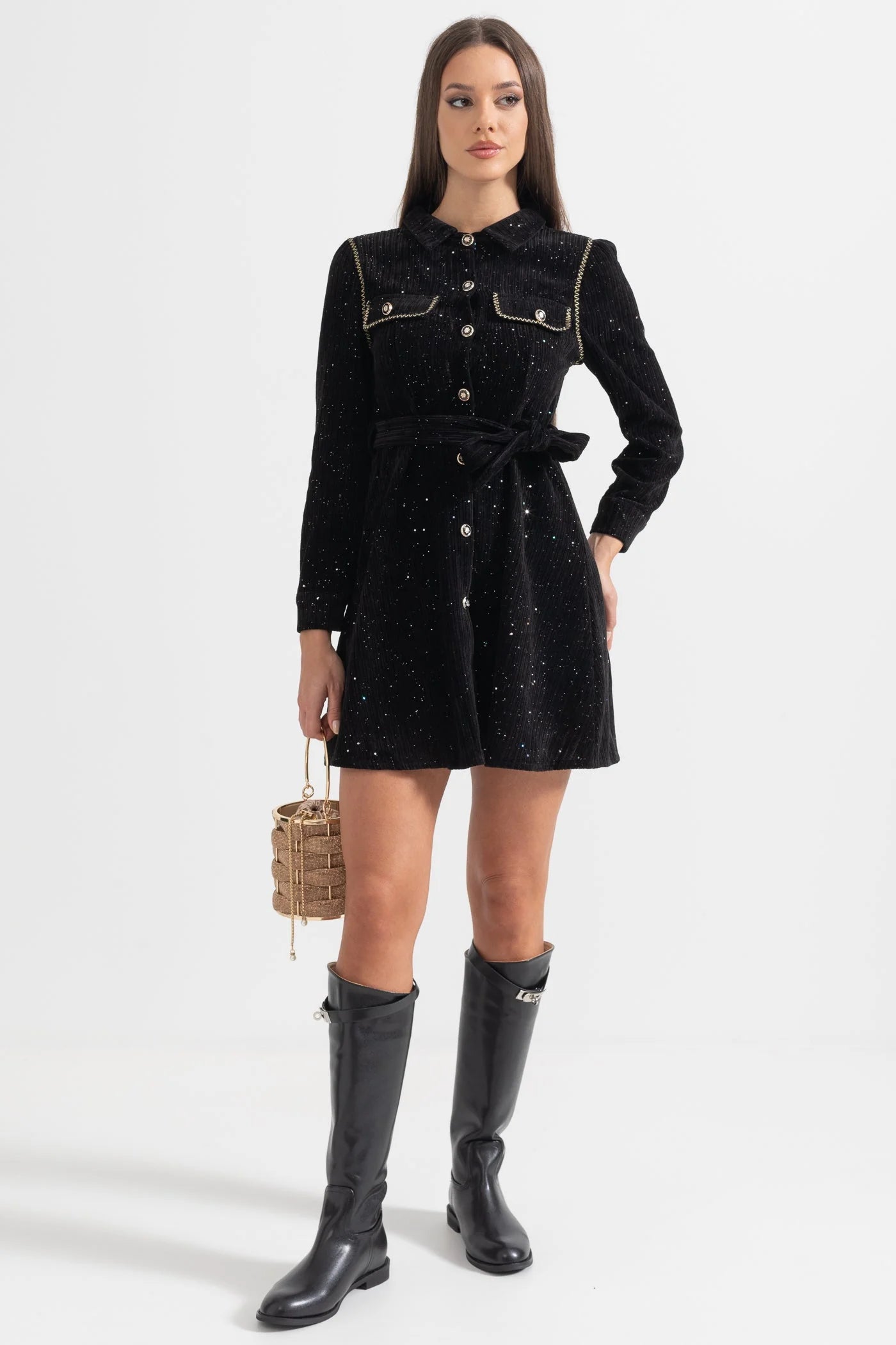 Venus Black Contrasting Stitching Detail Ribbed Dress