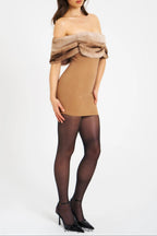 Turmeric Off Shoulder Fur Trim Mini Dress