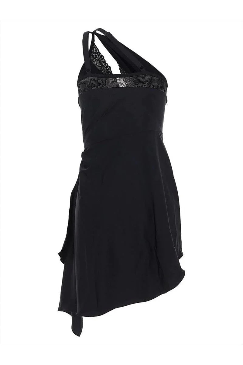 Flowering Girl Women One-Shoulder Lace Hollow Mini Dress In Black