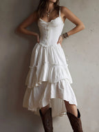 Corset-Style Lace Trim Tiered Midi Dress