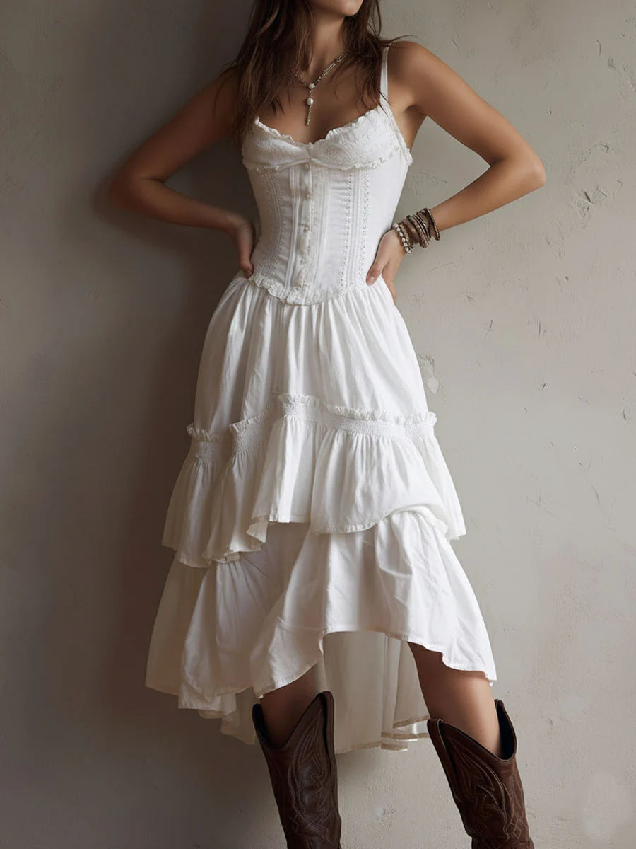 Corset-Style Lace Trim Tiered Midi Dress