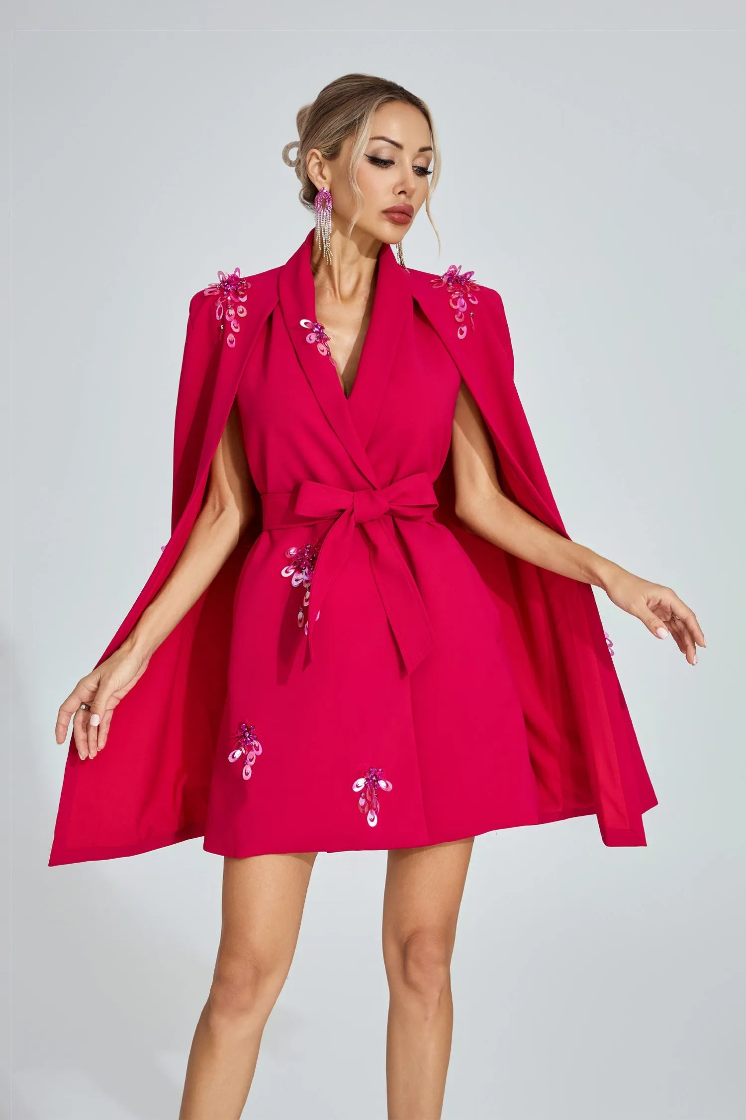 Katherine Rose Red Cape-Sleeve Blazer Mini Dress