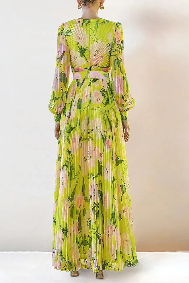 Flowering Girl Women V-Neck Silk Printed Pleated Maxi Dress In Yellow