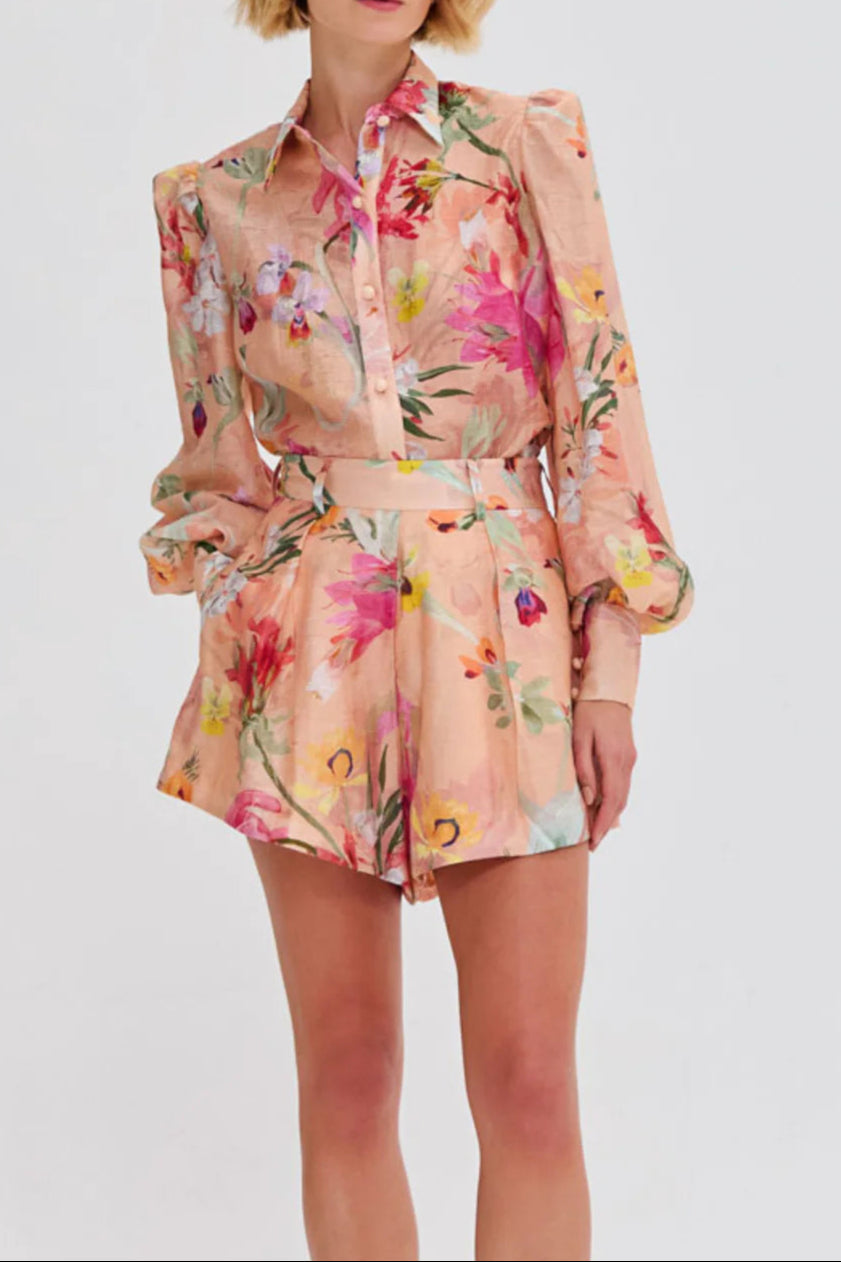Flowering Girl Women Orange Jenny Floral Printed Shirt Shorts Set