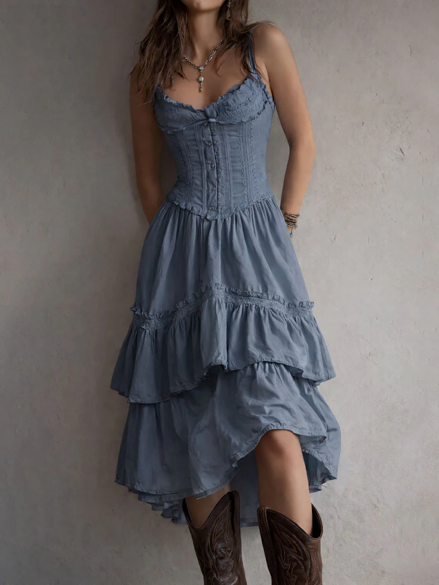 Corset-Style Lace Trim Tiered Midi Dress