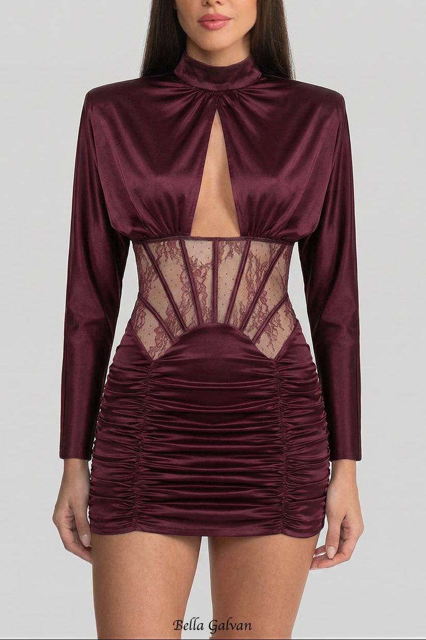 Flowering Girl Women phoebe Satin Mini Dress with Lace Corset Insert – Burgundy