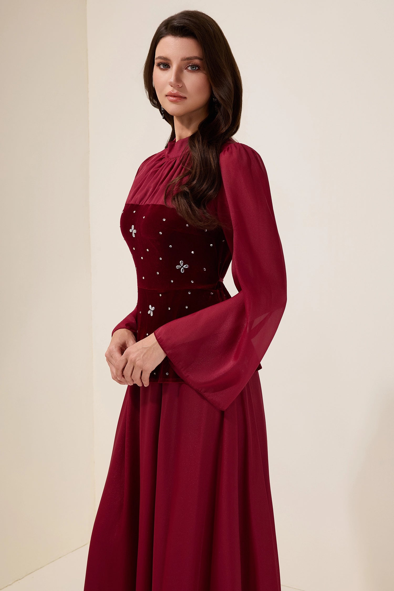 Flowering Girl Women caroline Rhinestone Velvet Splicing Maxi Dress - burgundy