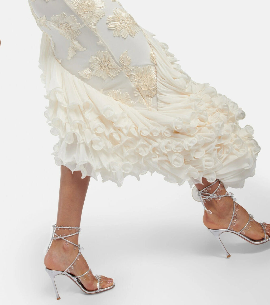 Roberta White Asymmetric Appliqué Halter Sleeveless Midi Dress