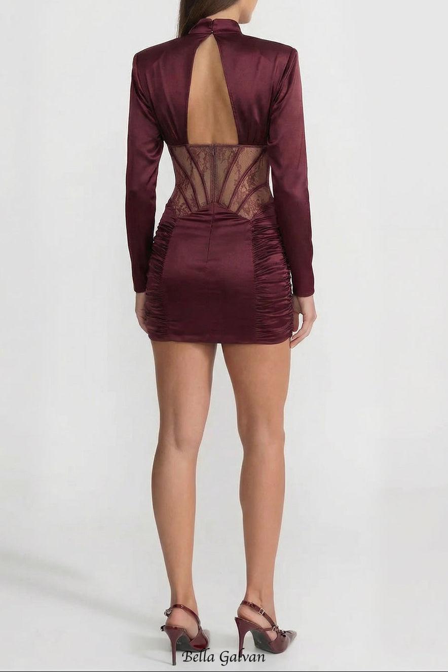 Flowering Girl Women phoebe Satin Mini Dress with Lace Corset Insert – Burgundy