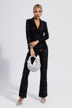 Vicky Black Cutout Floral Embroidered Sequin Blazer Set