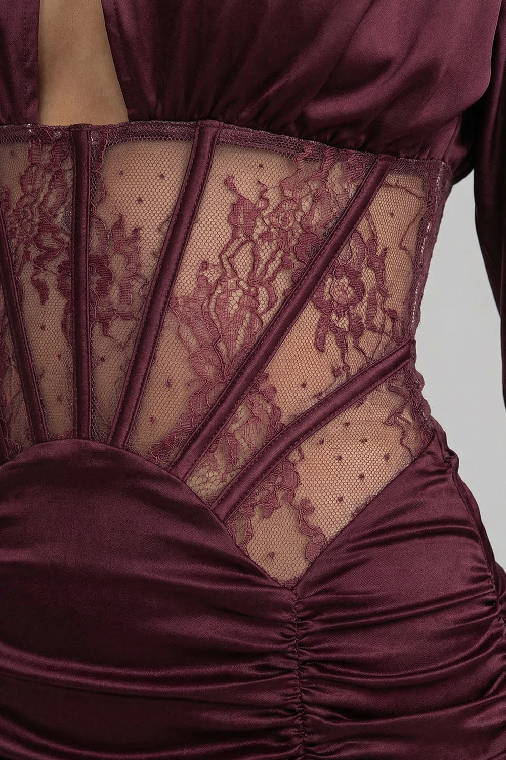 Flowering Girl Women phoebe Satin Mini Dress with Lace Corset Insert – Burgundy