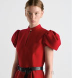 Flowering Girl Women puff sleeve pleated mini dress in red (without black belt)
