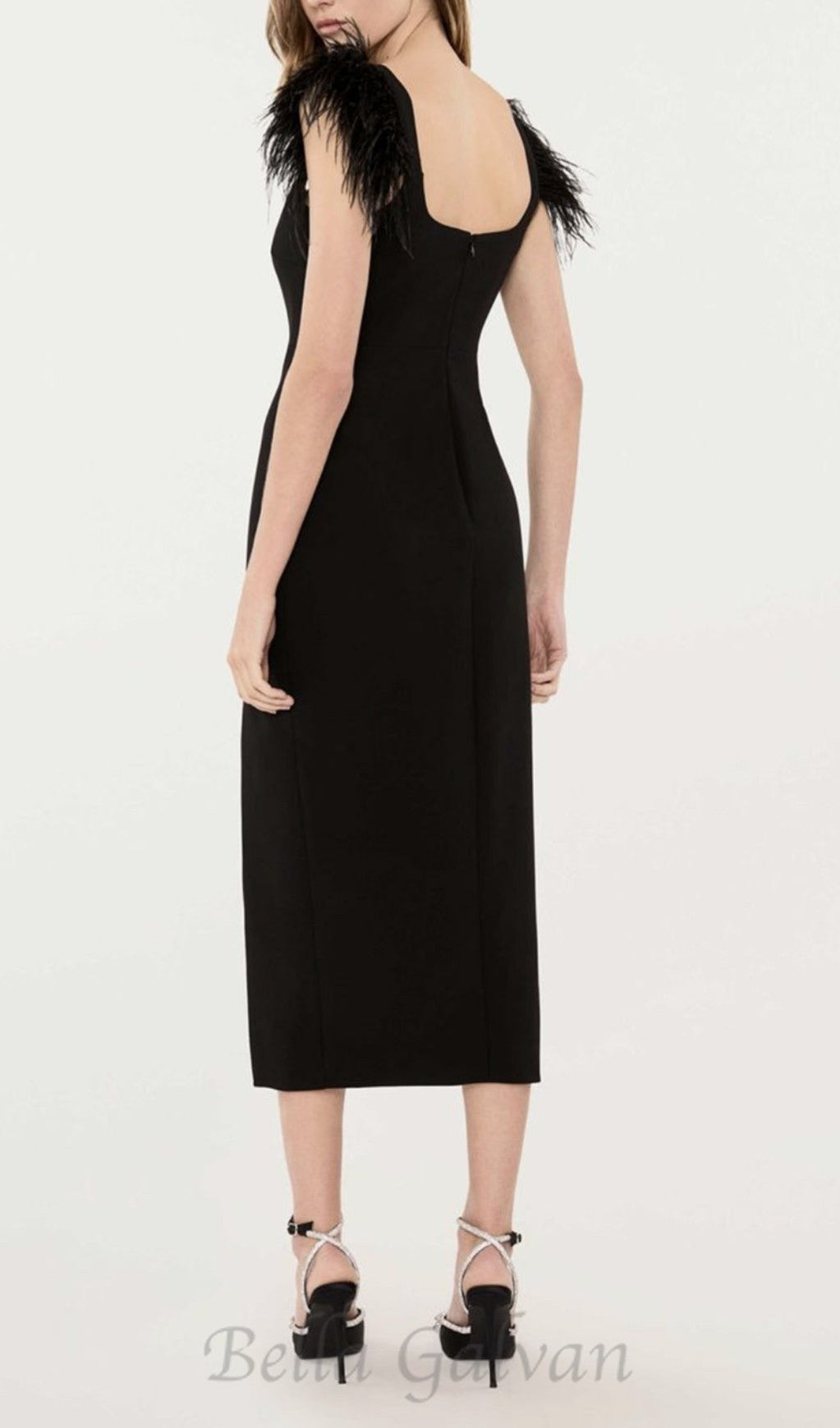 Flowering Girl Women CARI BLACK BOW FEATHER BANDAGE MIDI DRESS