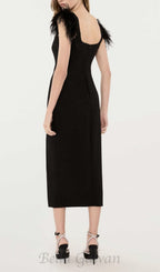 Flowering Girl Women CARI BLACK BOW FEATHER BANDAGE MIDI DRESS
