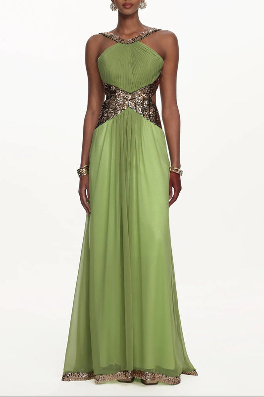 virginia green Halter Pleated Cut Out Sequin Maxi Dress