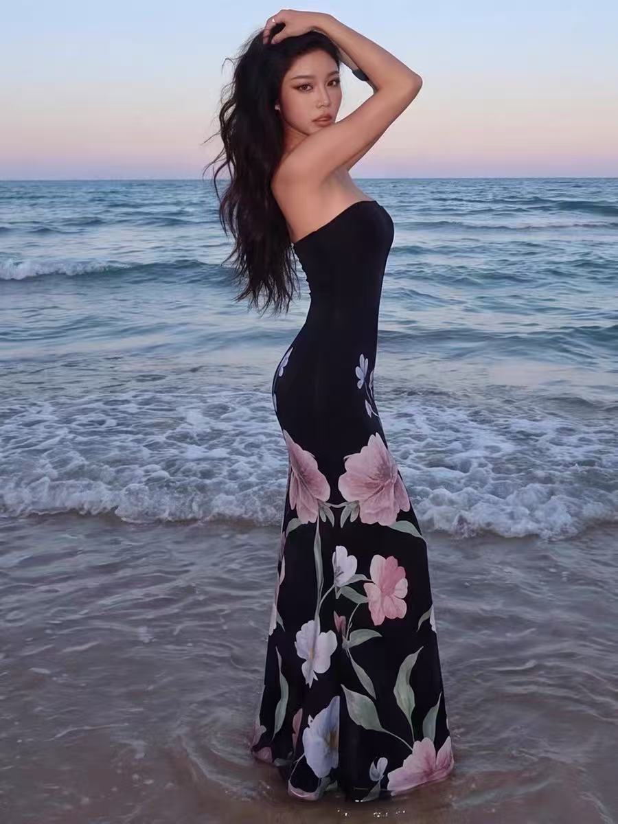 Flowering Girl Women Black Floral Print Strapless Mermaid Maxi Dress