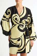 oceanic swirl v-neck puff sleeve mini dress