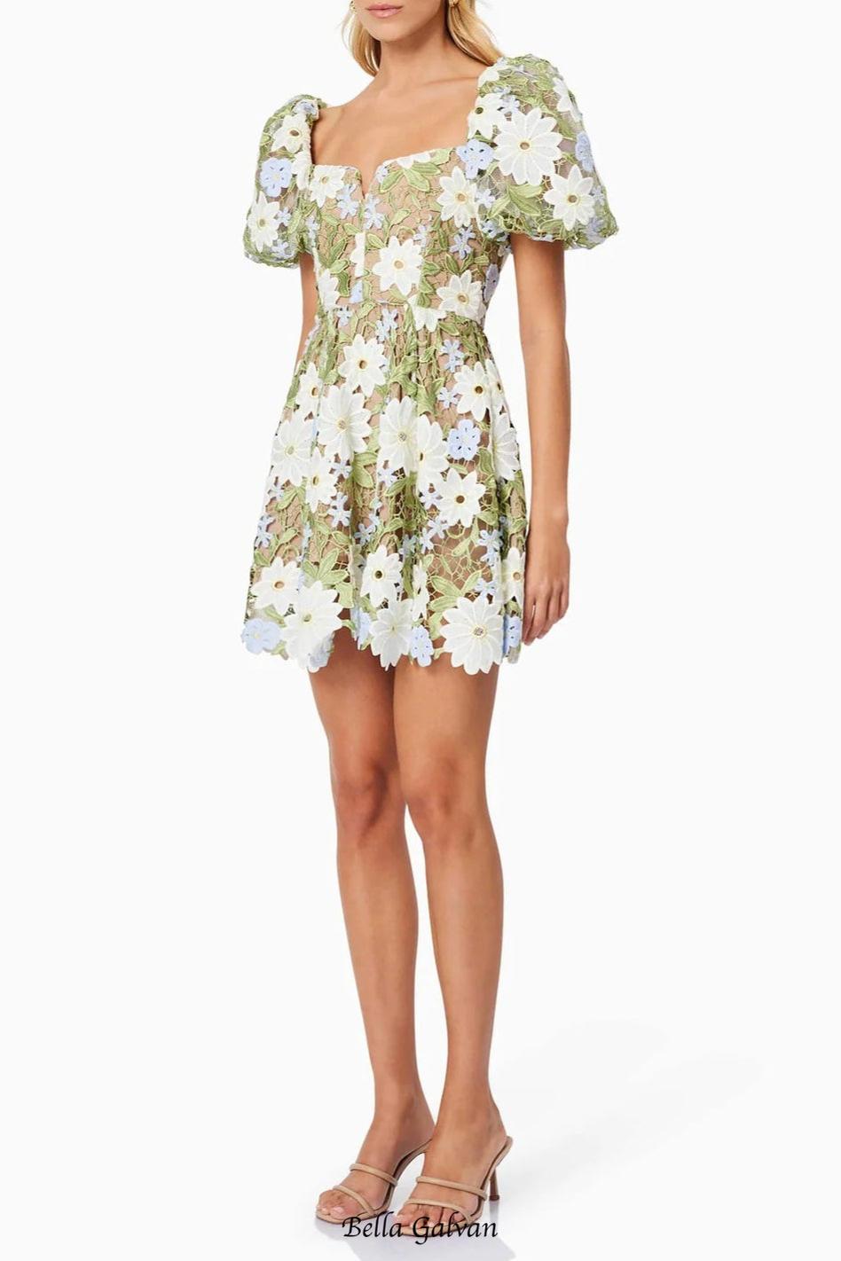 rebecca Flora Lace Mini Dress in Green