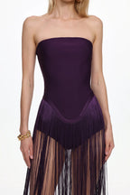 Flowering Girl Women helen Bodysuit Fringe Strapless mini Dress in purple