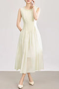 Sleeveless Midi Dress With Tulle Skirt And Pearl Embellished Collar - Ivoire
