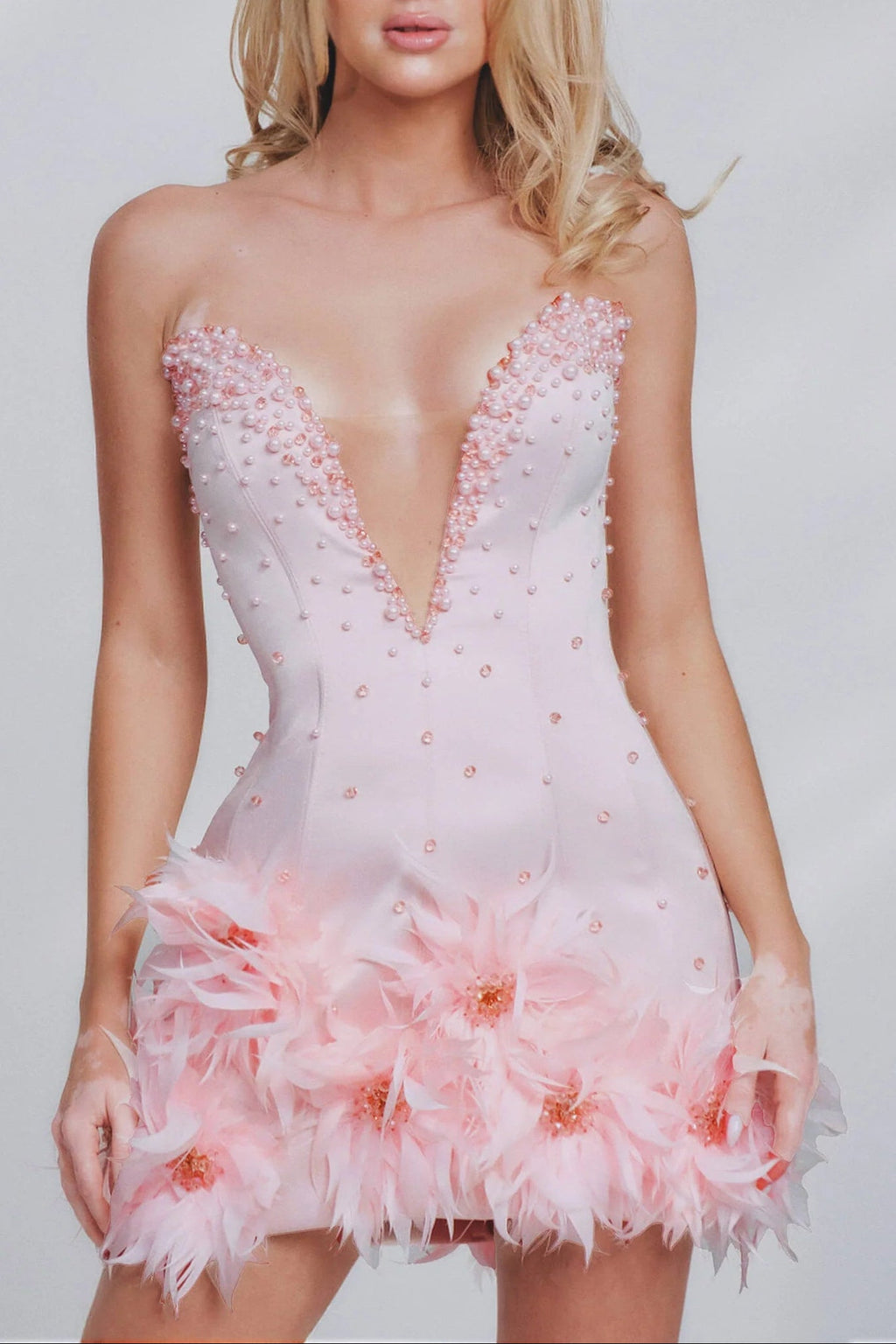 Flowering Girl Women Tube Top Deep V-Neck Pearl Bodycon Mini Dress In Pink