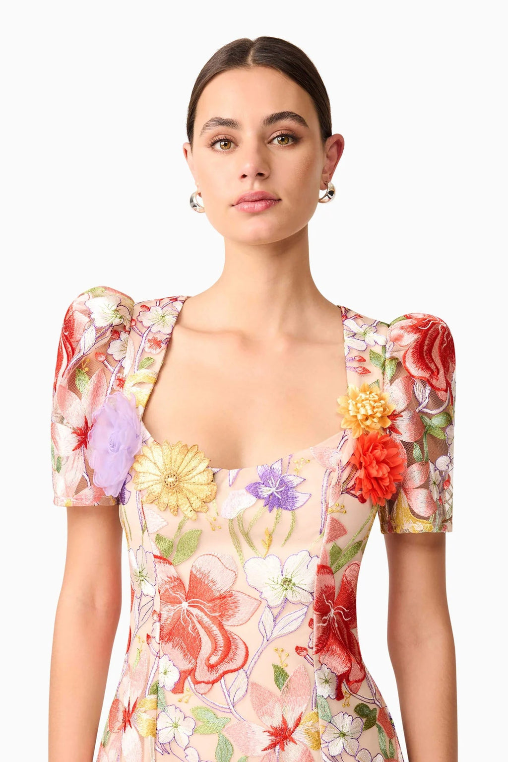 Flowering Girl Women Trista Multicolor Square Neck Backless Mesh Embroidered Fishtail Maxi Dress