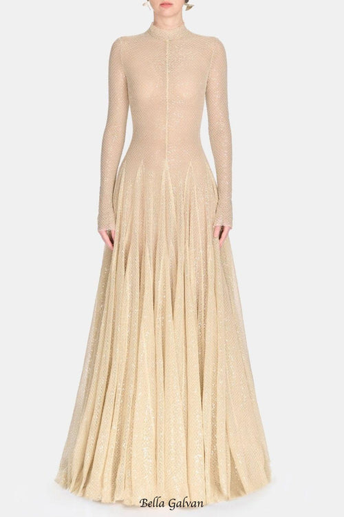 Flowering Girl Women anila Beige mesh long sleeve slim maxi dress