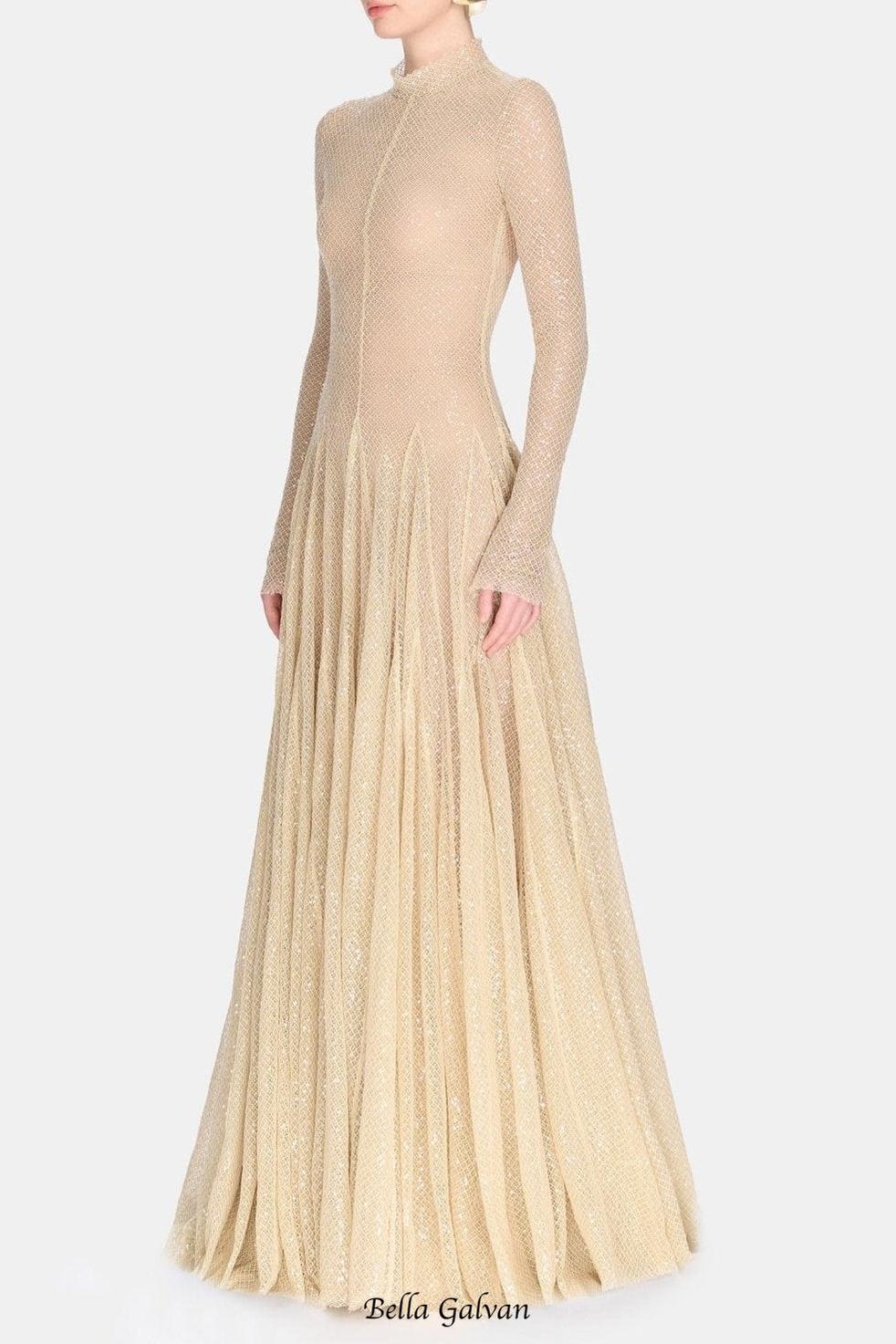anila Beige mesh long sleeve slim maxi dress