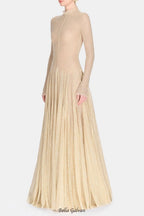 anila Beige mesh long sleeve slim maxi dress