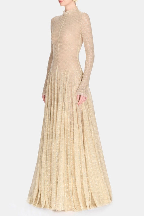 Anila Beige Mesh Long Sleeve Slim Maxi Dress