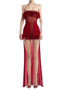 anna 3d flower lace strapless mini Dress in Red
