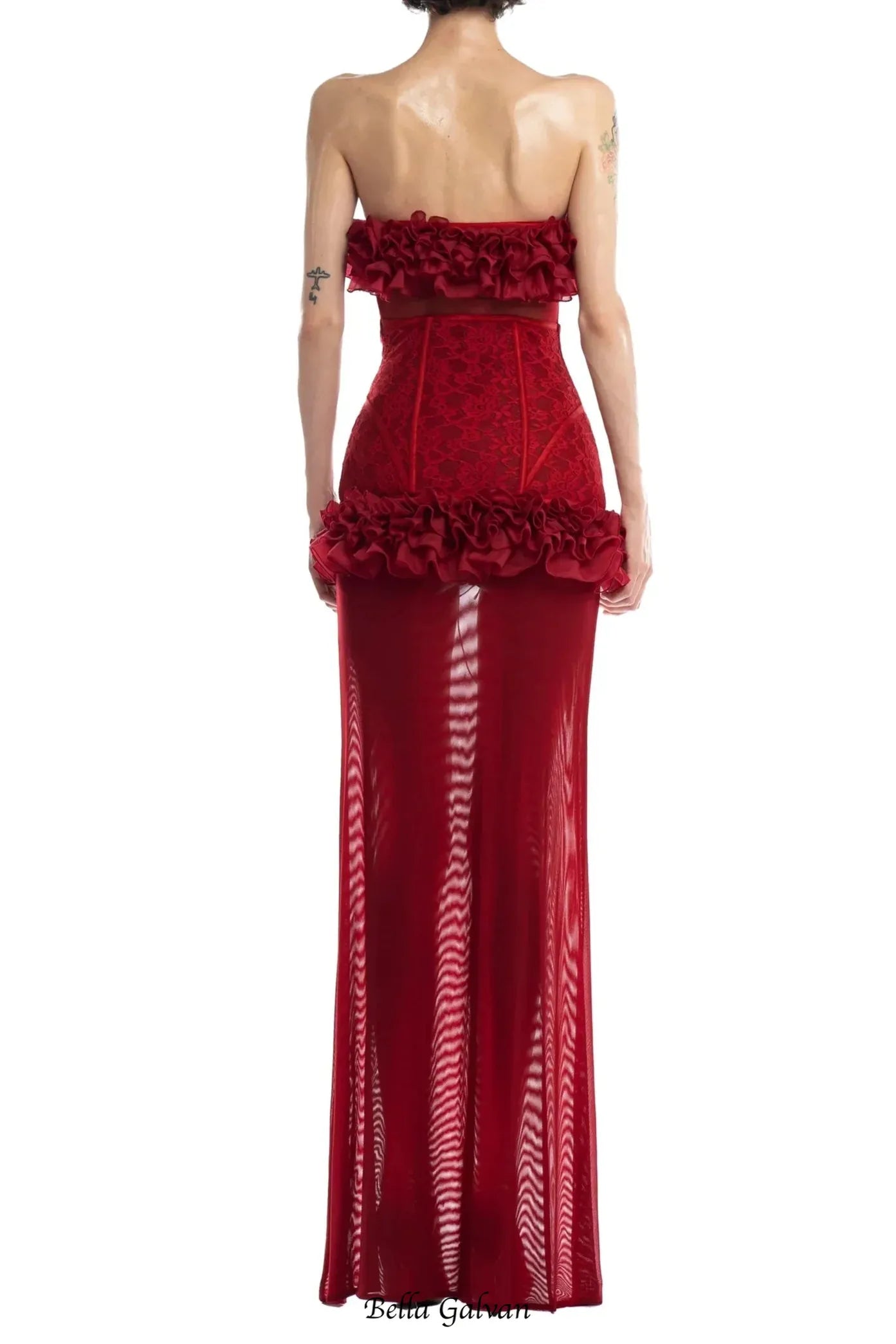 anna 3d flower lace strapless mini Dress in Red