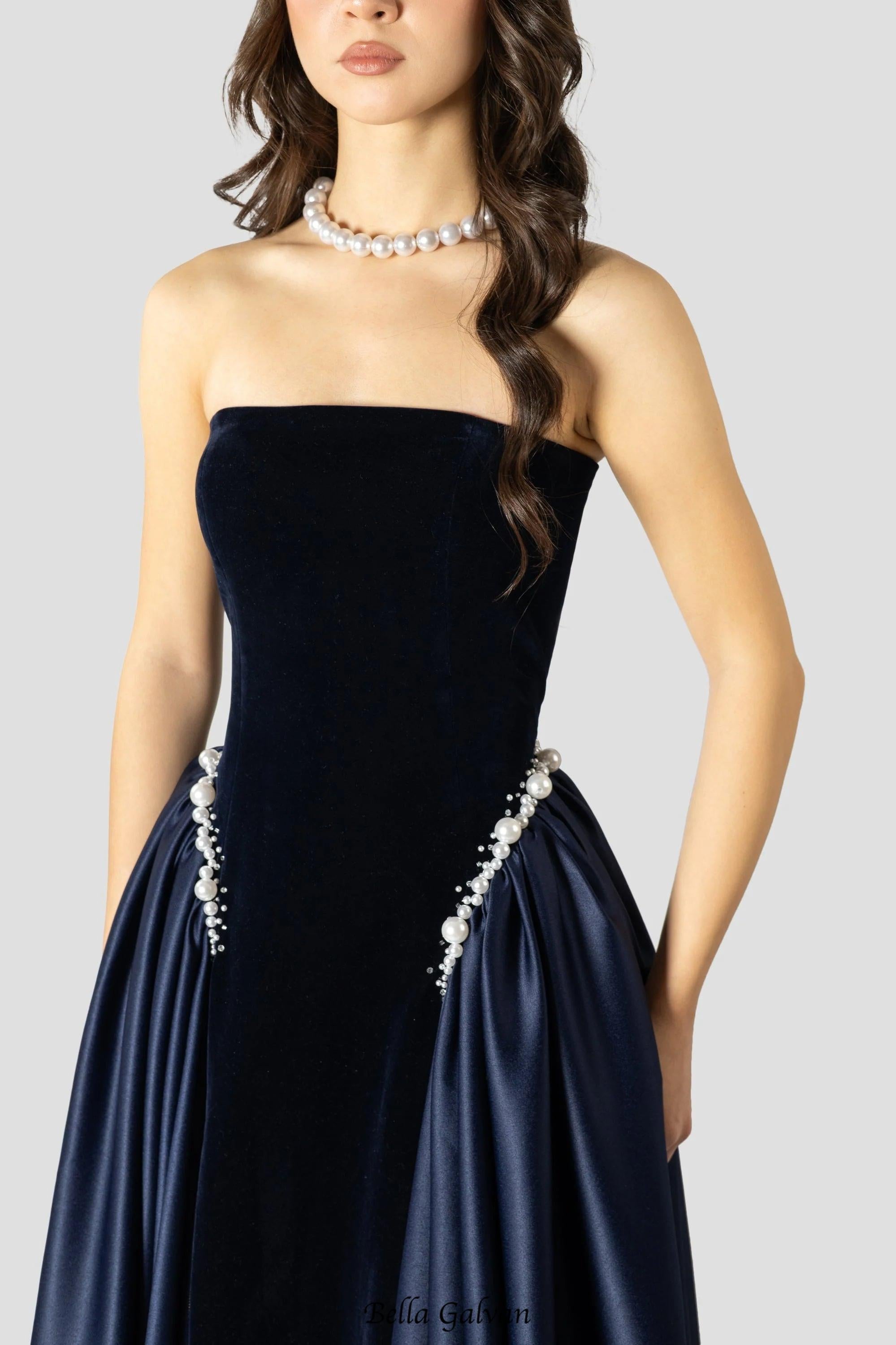 samantha Dark Blue Pearls Embroidered strapless maxi Dress