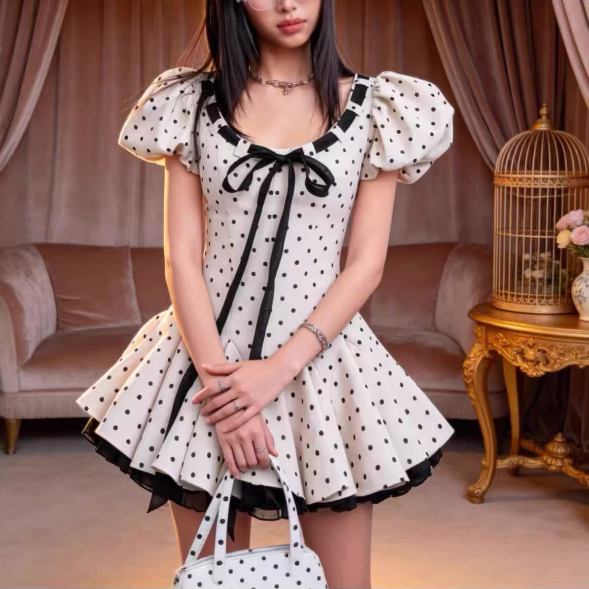 Wania White Polka Dot Mini Dress With Tie-Front