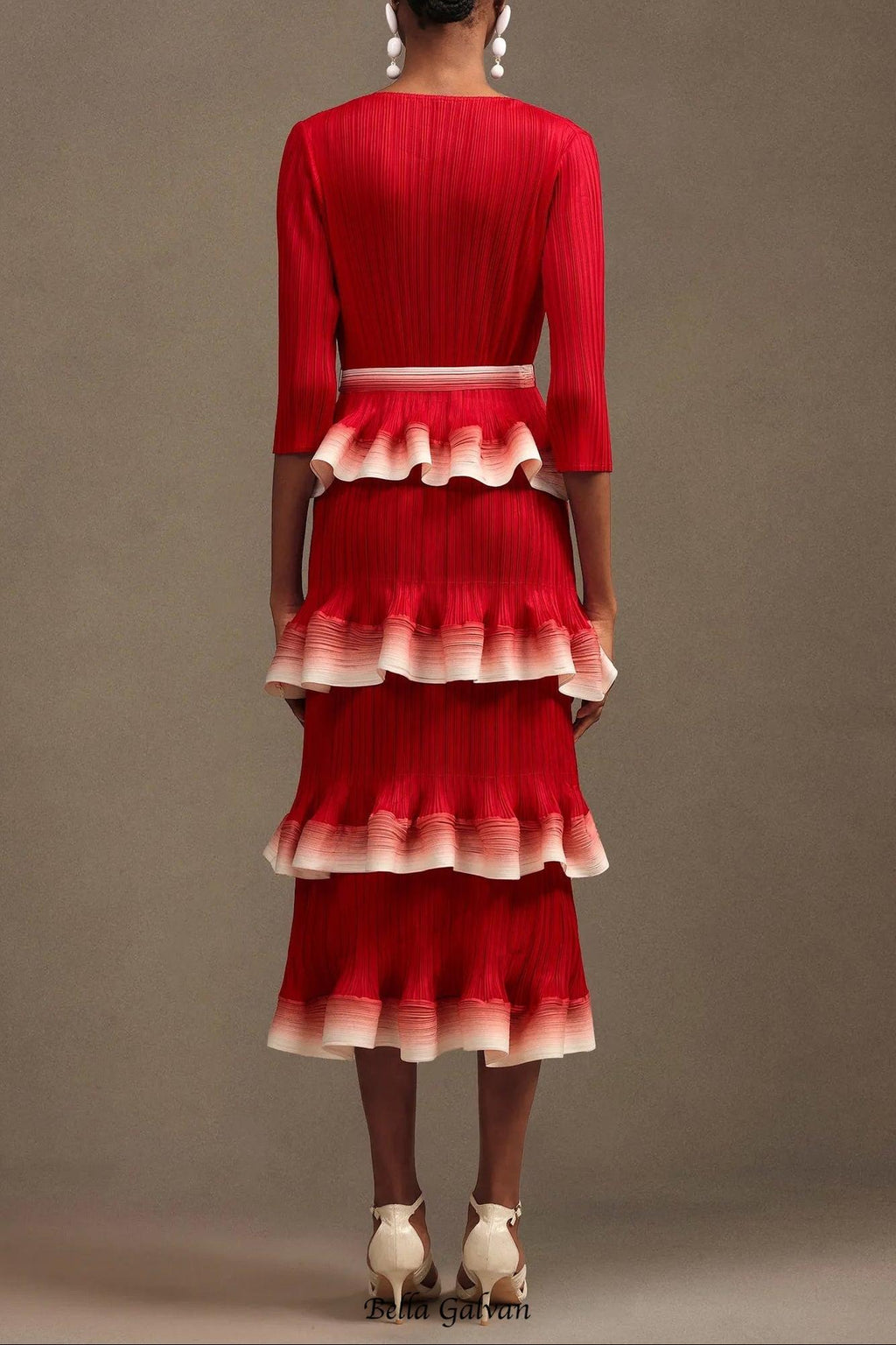 victoria Pleated Round Neck Long Sleeve Falbala Woven Maxi Dress in red