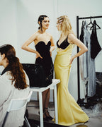 Flowering Girl Women velvet bustier maxi dress in black yellow