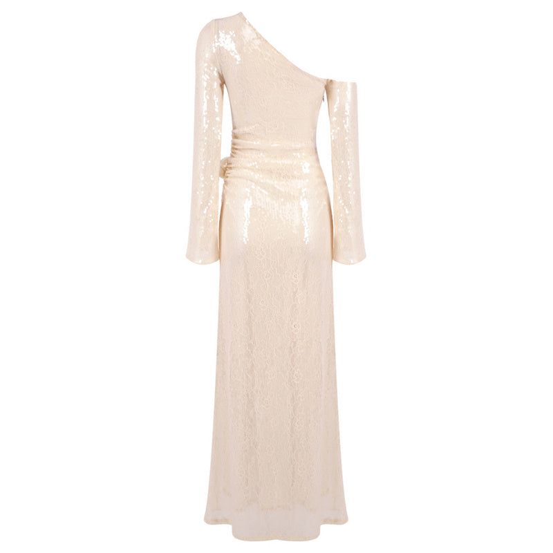 Flowering Girl Women one-shoulder flower embellished sequin maxi dress in apricot
