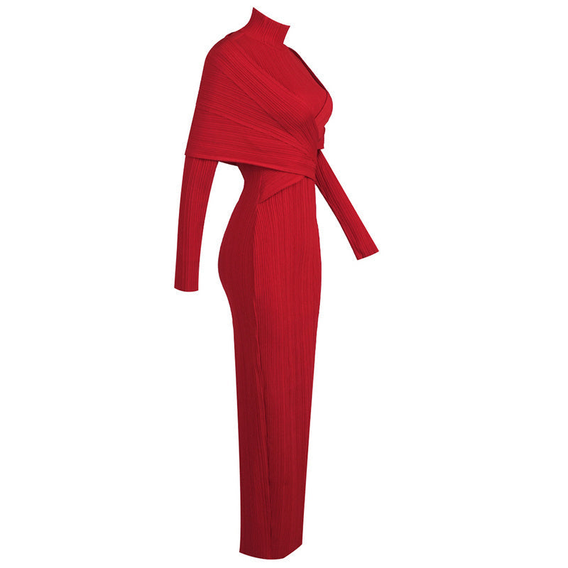 Flowering Girl Women long sleeve pleated knit maxi dress in red