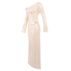 Flowering Girl Women one-shoulder flower embellished sequin maxi dress in apricot
