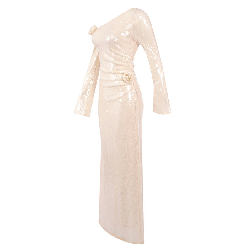 Flowering Girl Women one-shoulder flower embellished sequin maxi dress in apricot