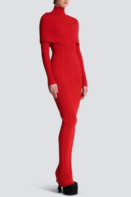 Flowering Girl Women Long Sleeve Pleated Knit Maxi Dress In Red